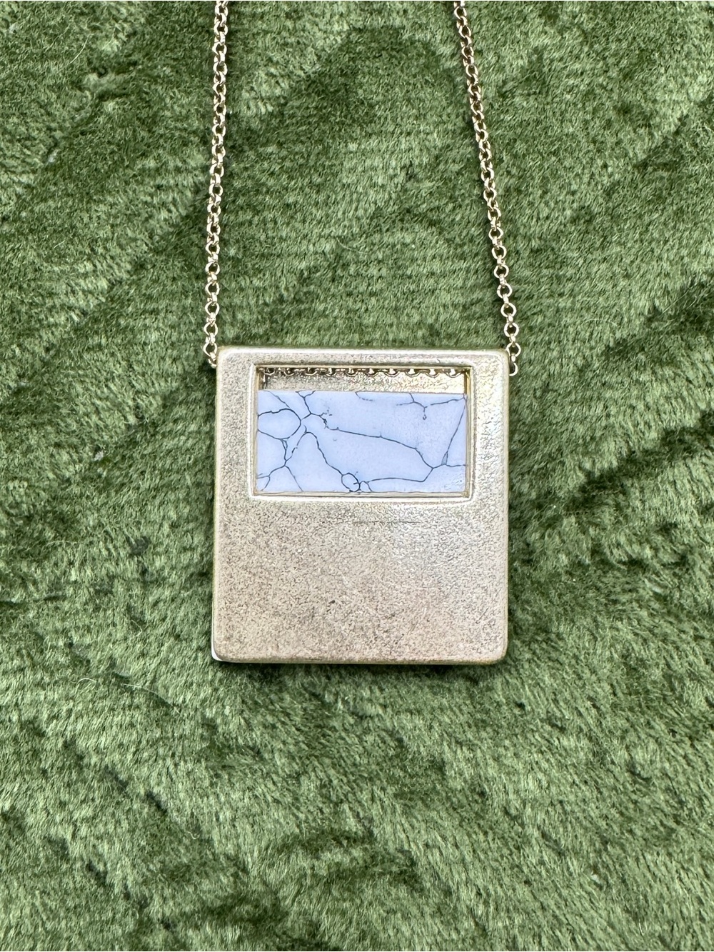 Vintage Soft Gold Square Pendant Necklace with Marble Stone and Peekaboo Chain